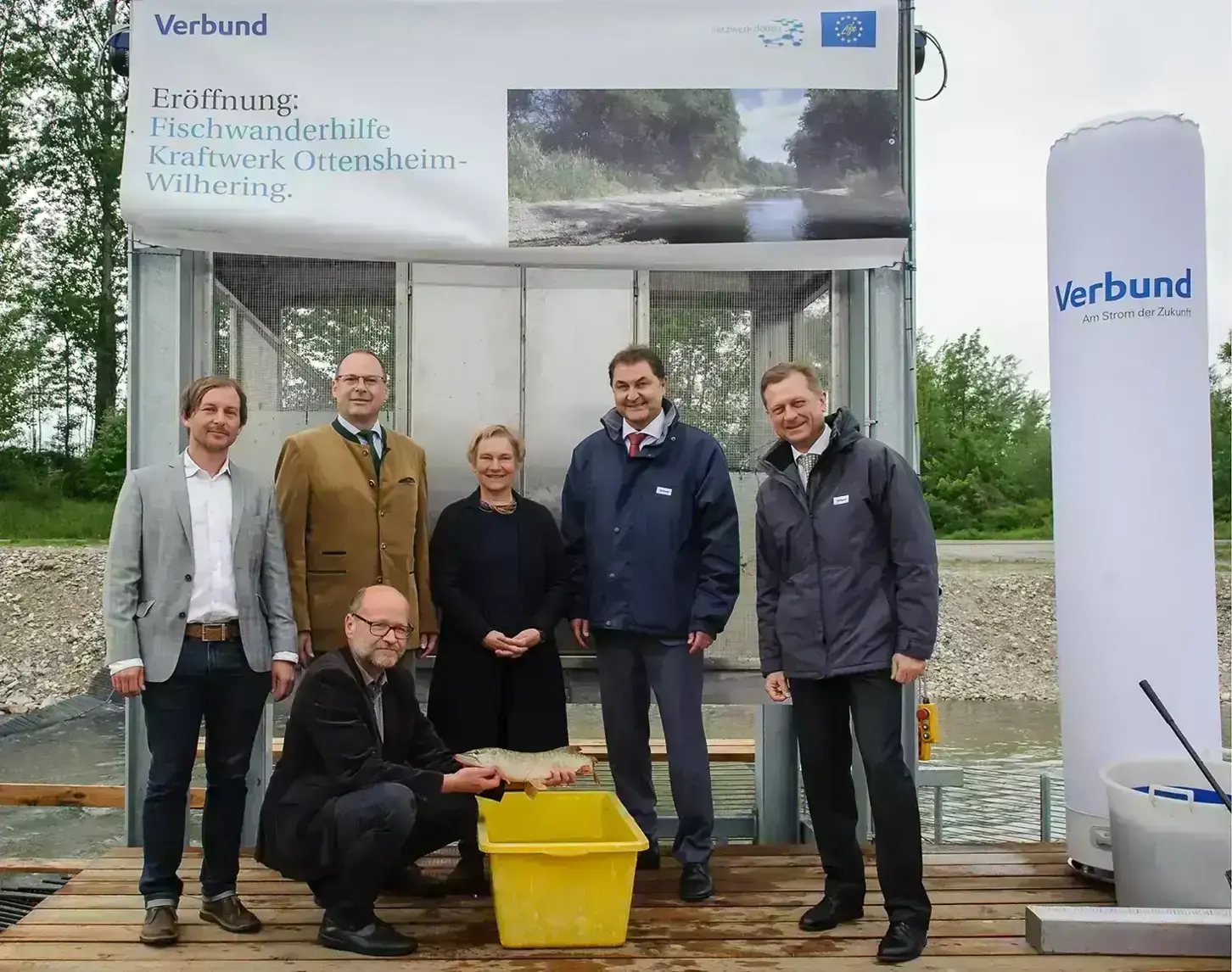 Opening of the Ottensheim fish migration aid with project manager David Oberlerchner, Member of Parliament Josef Rathgeb, Gerald Zauner (ETB Zauner), Member of Parliament Ulrike Böker, Karl Heinz Gruber (VERBUND Hydro Power GmbH) Michael Amerer, (VERBUND Hydro Power GmbH).