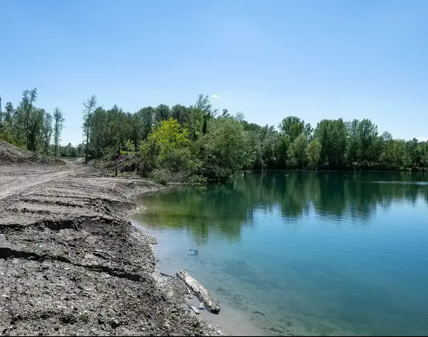 Bank at Abwinden-Asten: The bank is lined with various large trees and you can already see the first traces of the construction site on the left-hand side.