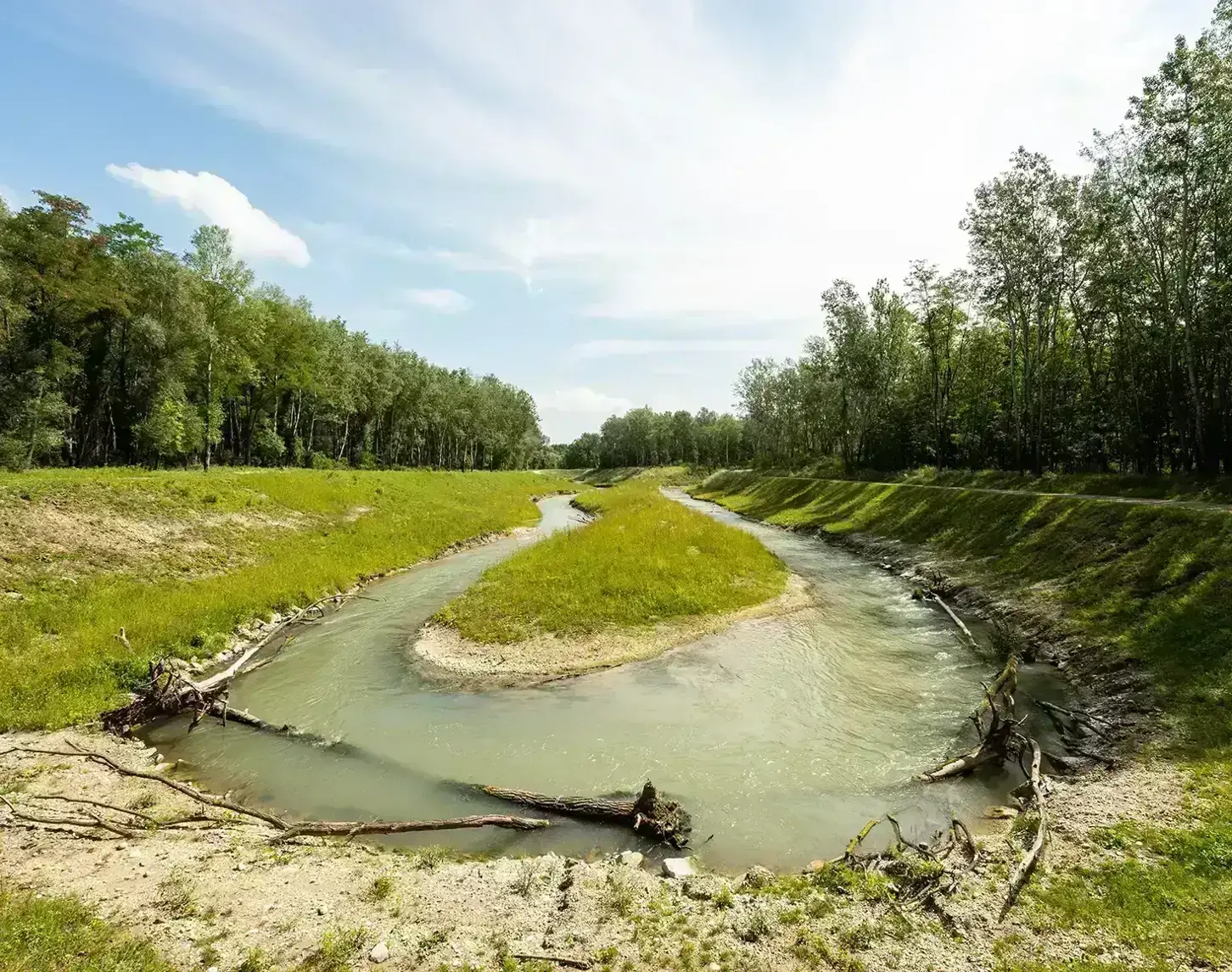 The fish migration aid near Greifenstein winds its way through flora and fauna. Here you can see a river loop in the greenery.